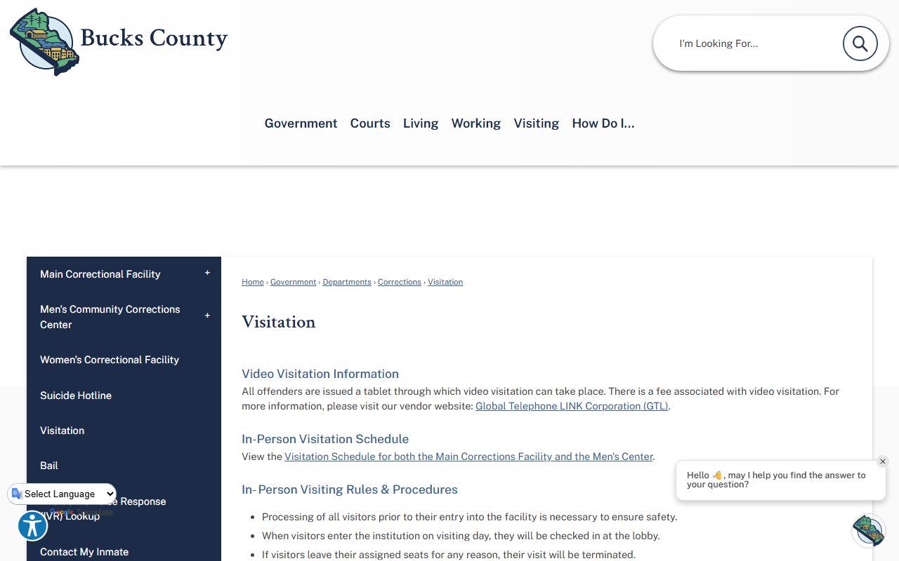 Bucks County inmate records visitation rules page