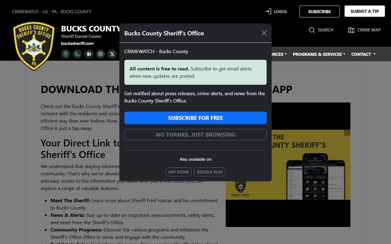 Bucks County inmate population sheriff mobile app record