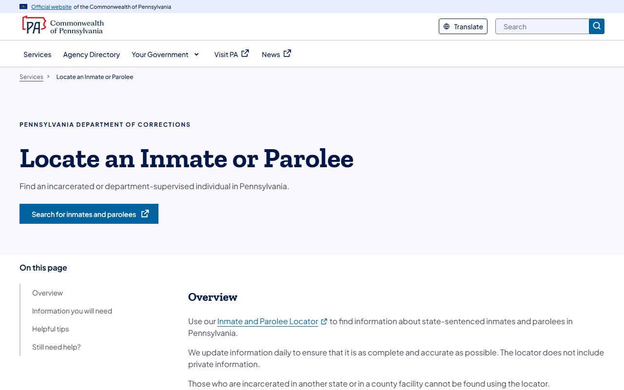 Bucks County inmate records PA DOC locator instructions